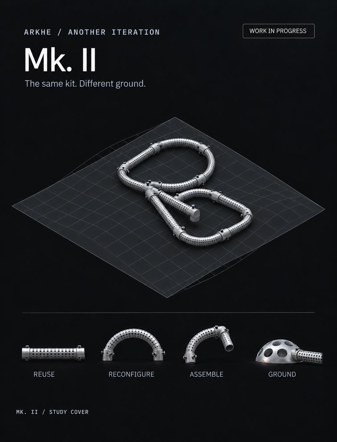 ARKHE Mk. II: fotorealistisches Studienposter mit perforierten Metallrohren, Verbindungsmuffen und Bodenknoten